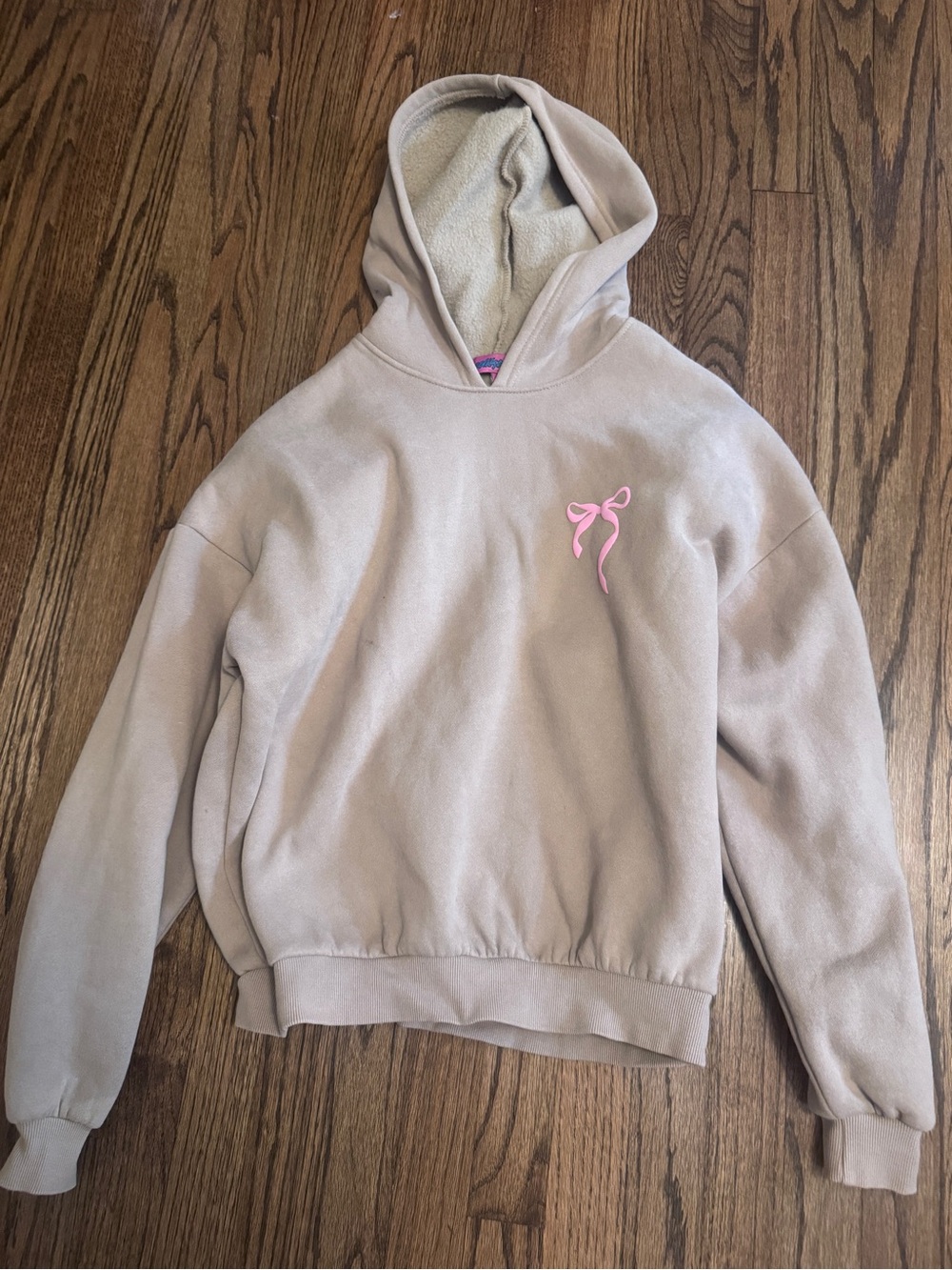 Women's edikted Beige Pullover Hoodie with Pink Bow Embroidery